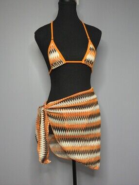 Boho Chevron Knit 3-Piece Bikini Set with Matching Sarong Wrap - Size M